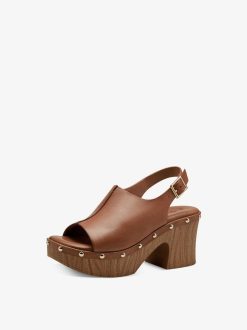 Tamaris Sandale A Talon En Cuir - Marron | Des Sandales