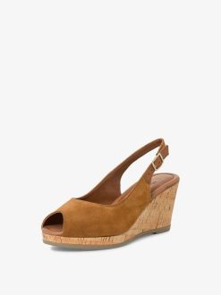 Tamaris Sandale A Talon En Cuir - Marron | Des Sandales