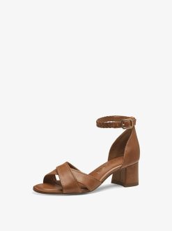 Tamaris Sandale A Talon En Cuir - Marron | Des Sandales