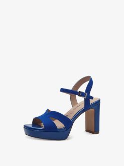 Tamaris Sandale A Talon En Cuir - Bleu | Des Sandales