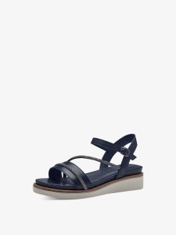 Tamaris Sandale A Talon En Cuir - Bleu | Des Sandales