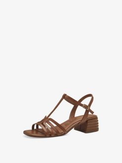 Tamaris Sandale A Talon En Cuir - Marron | Des Sandales