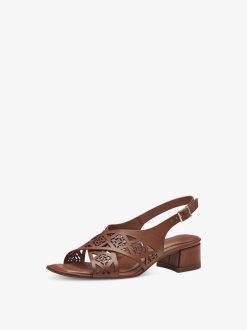 Tamaris Sandale A Talon En Cuir - Marron | Des Sandales