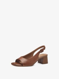 Tamaris Sandale A Talon En Cuir - Marron | Des Sandales