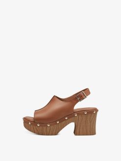 Tamaris Sandale A Talon En Cuir - Marron | Des Sandales