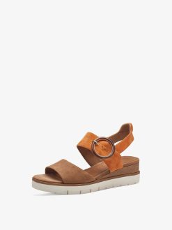 Tamaris Sandale A Talon En Cuir - Marron | Des Sandales