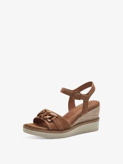 Tamaris Sandale A Talon En Cuir - Marron | Des Sandales