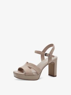 Tamaris Sandale A Talon En Cuir - Beige | Des Sandales