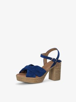 Tamaris Sandale A Talon En Cuir - Bleu | Des Sandales