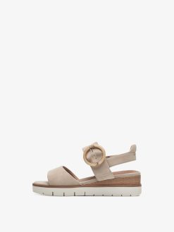 Tamaris Sandale A Talon En Cuir - Beige | Des Sandales