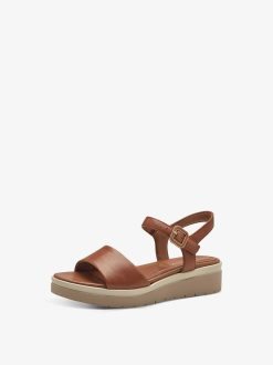 Tamaris Sandale A Talon En Cuir - Marron | Des Sandales