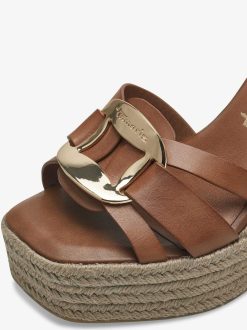 Tamaris Sandale A Talon En Cuir - Marron | Des Sandales