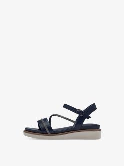 Tamaris Sandale A Talon En Cuir - Bleu | Des Sandales