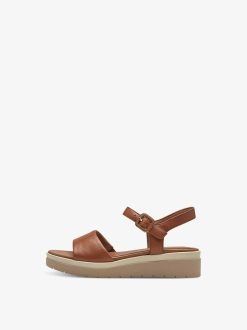 Tamaris Sandale A Talon En Cuir - Marron | Des Sandales