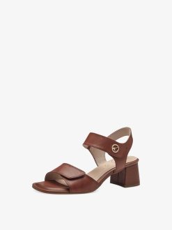 Tamaris Sandale A Talon En Cuir - Marron | Des Sandales