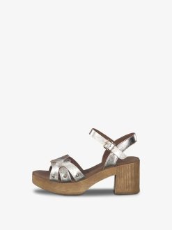 Tamaris Sandale A Talon En Cuir - Metallise | Des Sandales