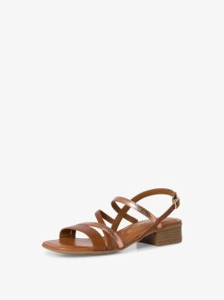 Tamaris Sandale A Talon En Cuir - Marron | Des Sandales