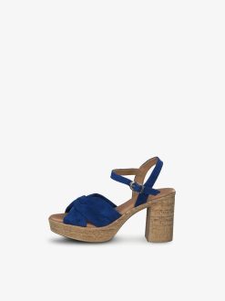 Tamaris Sandale A Talon En Cuir - Bleu | Des Sandales