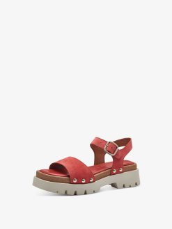 Tamaris Sandale A Talon En Cuir - Rouge | Des Sandales