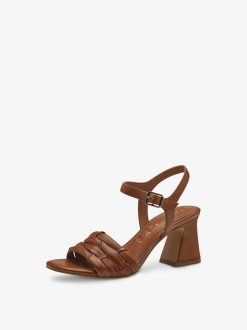 Tamaris Sandale A Talon En Cuir - Marron | Des Sandales