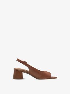 Tamaris Sandale A Talon En Cuir - Marron | Des Sandales