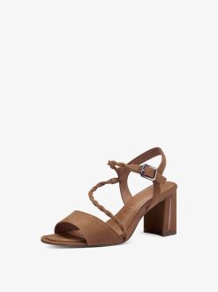 Tamaris Sandale A Talon En Cuir - Marron | Des Sandales