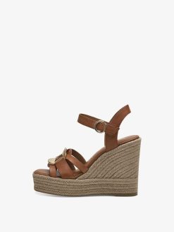 Tamaris Sandale A Talon En Cuir - Marron | Des Sandales