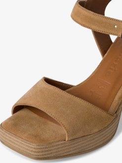 Tamaris Sandale A Talon En Cuir - Marron | Des Sandales