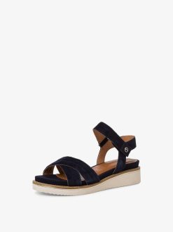 Tamaris Sandale A Talon En Cuir - Bleu | Des Sandales