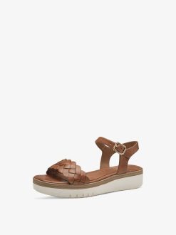 Tamaris Sandale A Talon En Cuir - Marron | Des Sandales