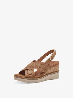 Tamaris Sandale A Talon En Cuir - Marron | Des Sandales