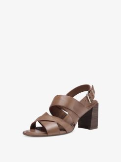 Tamaris Sandale A Talon En Cuir - Marron | Des Sandales