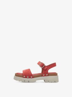 Tamaris Sandale A Talon En Cuir - Rouge | Des Sandales