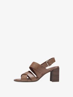 Tamaris Sandale A Talon En Cuir - Marron | Des Sandales