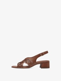 Tamaris Sandale A Talon En Cuir - Marron | Des Sandales