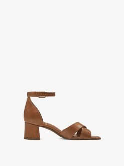 Tamaris Sandale A Talon En Cuir - Marron | Des Sandales