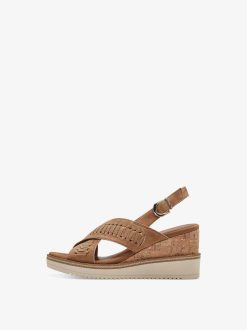 Tamaris Sandale A Talon En Cuir - Marron | Des Sandales