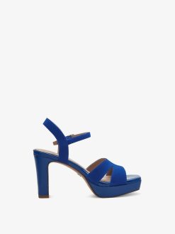 Tamaris Sandale A Talon En Cuir - Bleu | Des Sandales